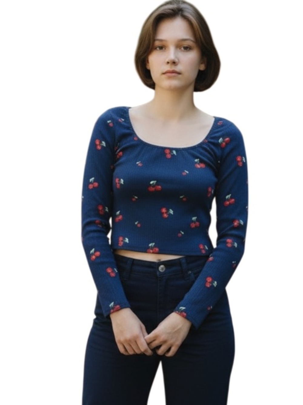 Liberty Love Juniors XL Navy Cherry Print Cropped Tie-Front Scoop Neck Top